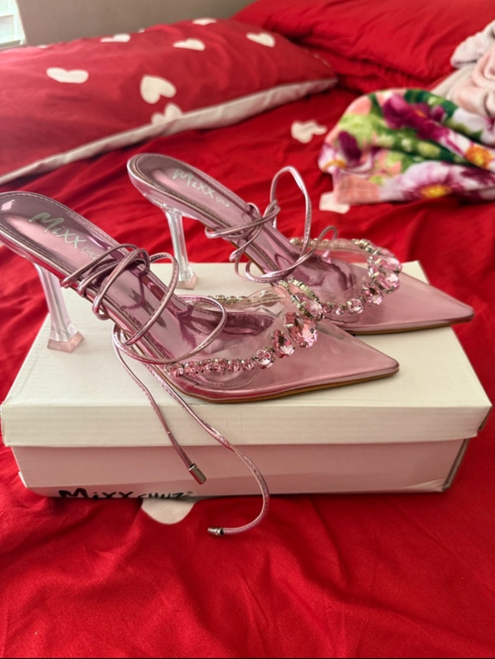 Mixx Shuz Pink Jeweled Strappy Clear-Heel Mules